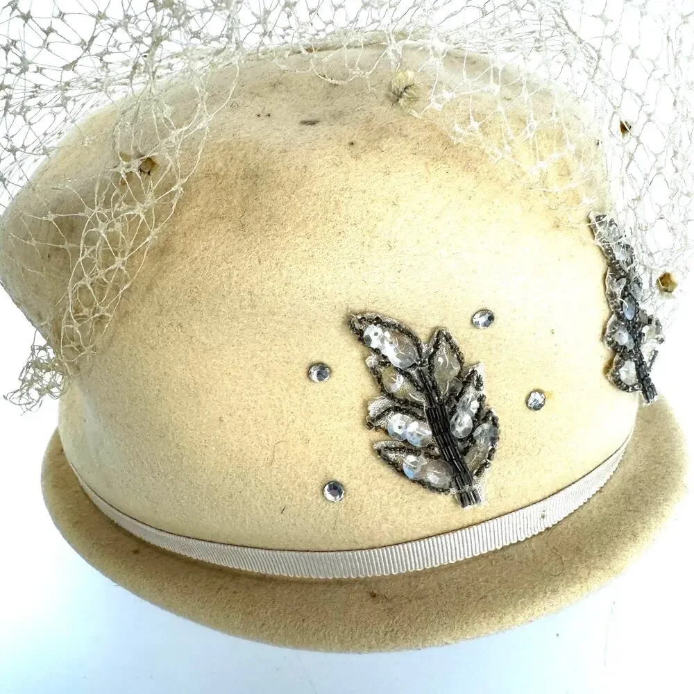 Henry Pollak Peachfelt Birdcage Netting Cream Colored Vintage Hat